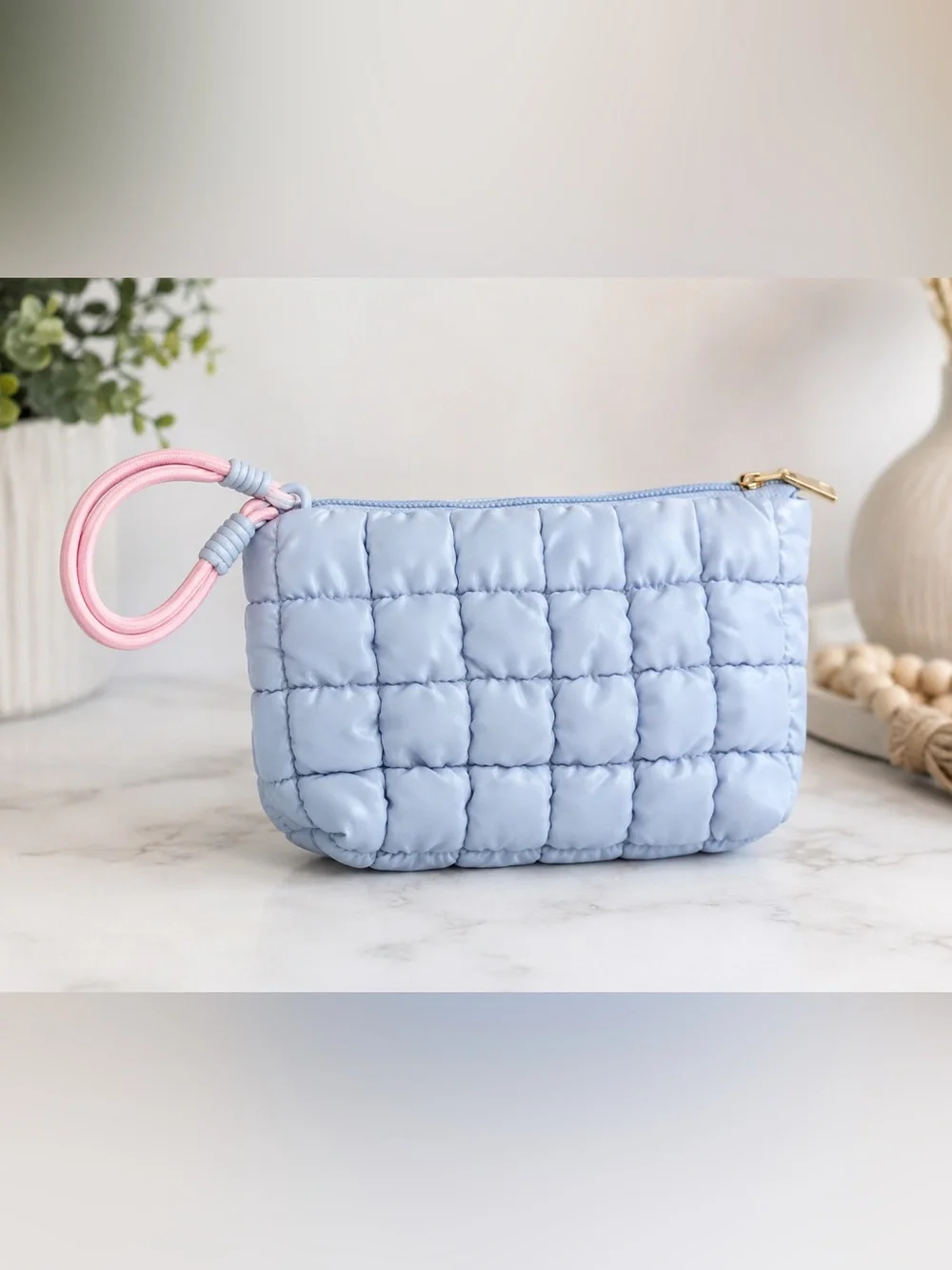 Light Blue Quilted Puffer Wristlet Clutch Bag Pink Handle
